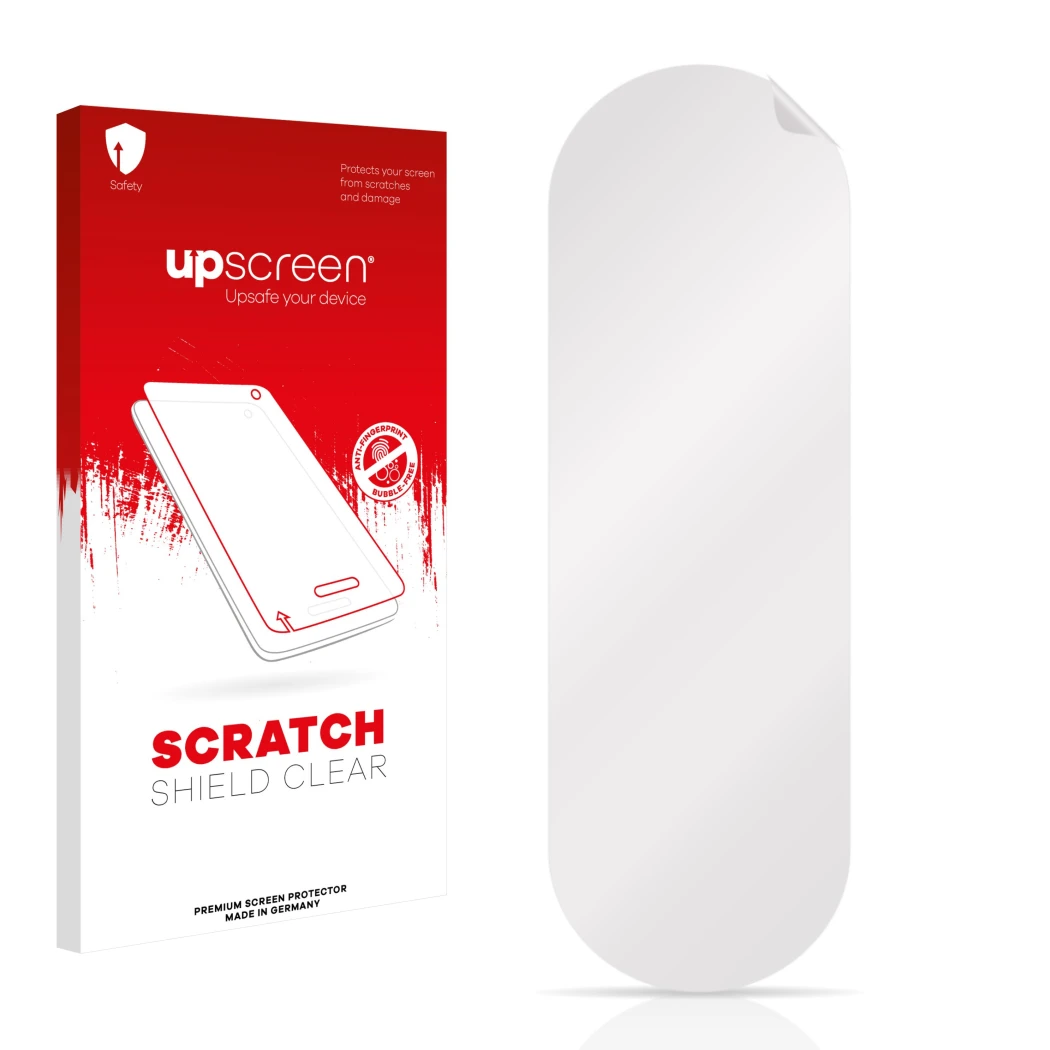 Parte frontal de un envase de producto con el logotipo de la marca upscreen. Al lado está el protector de pantalla correspondi