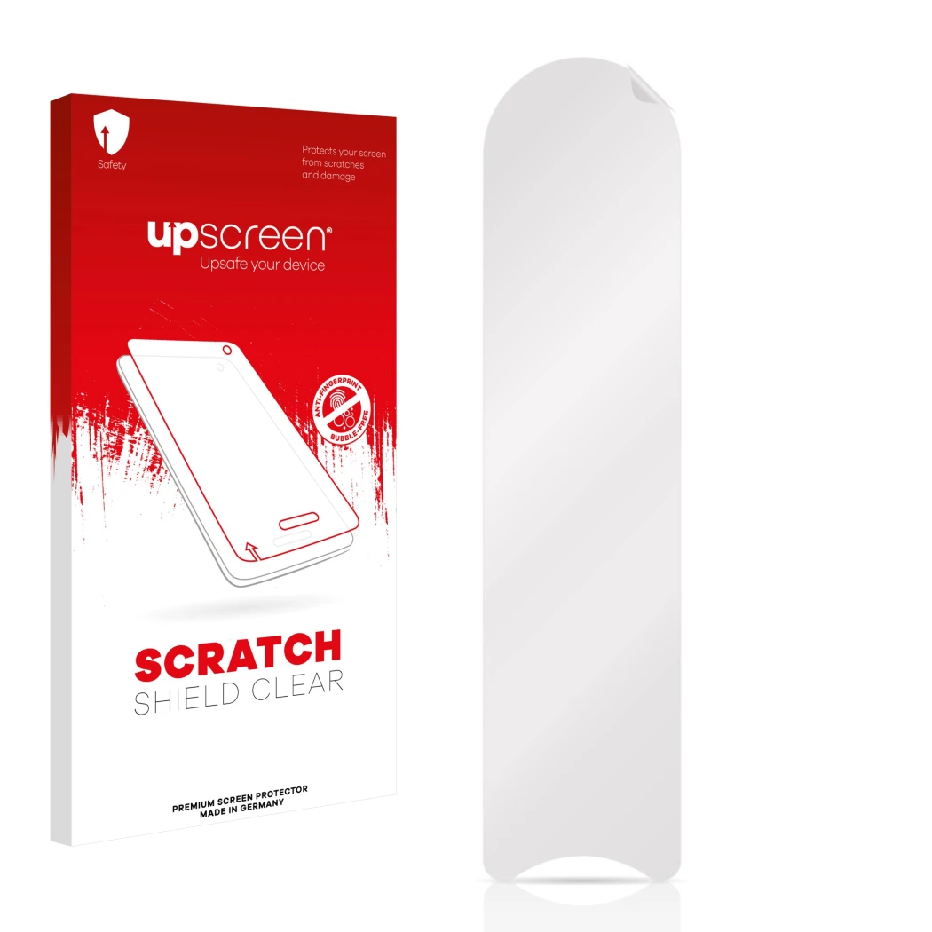 Parte frontal de un envase de producto con el logotipo de la marca upscreen. Al lado está el protector de pantalla correspondi