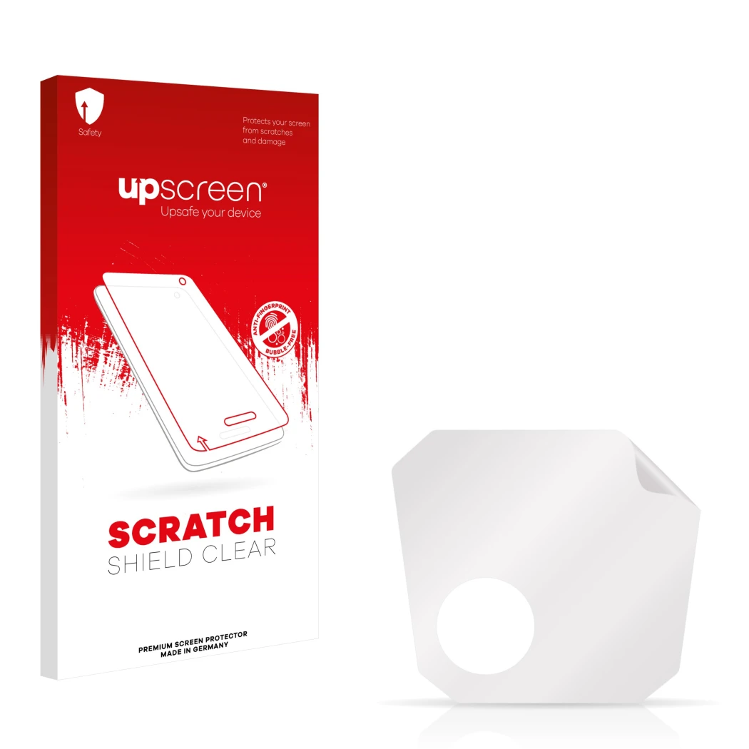 Parte frontal de un envase de producto con el logotipo de la marca upscreen. Al lado está el protector de pantalla correspondi