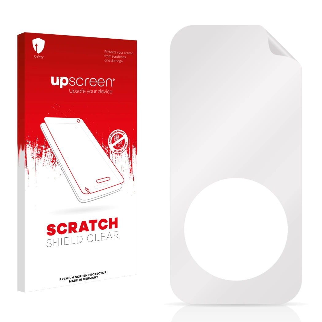 Parte frontal de un envase de producto con el logotipo de la marca upscreen. Al lado está el protector de pantalla correspondi