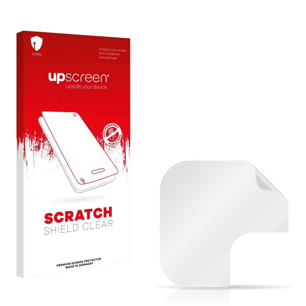 Parte frontal de un envase de producto con el logotipo de la marca upscreen. Al lado está el protector de pantalla correspondi