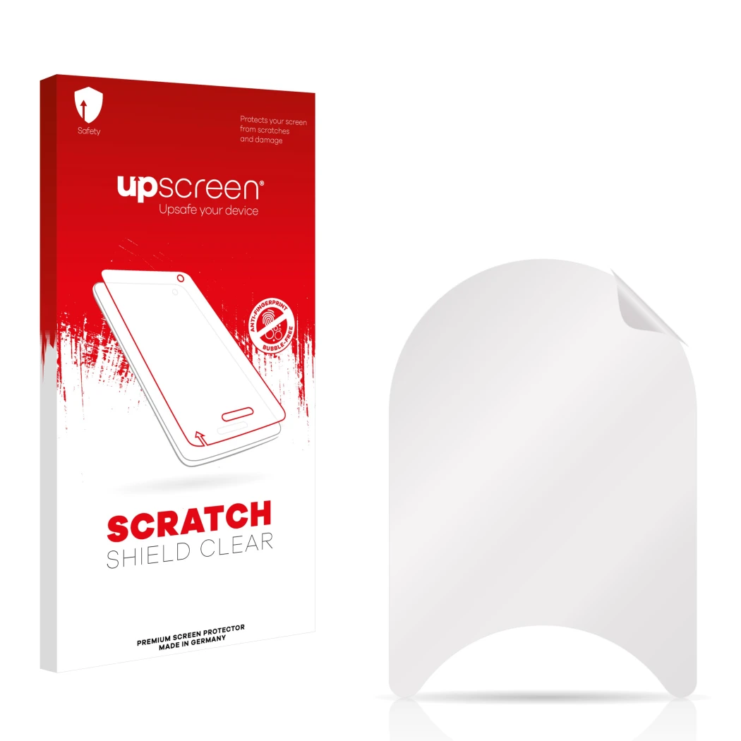 Parte frontal de un envase de producto con el logotipo de la marca upscreen. Al lado está el protector de pantalla correspondi