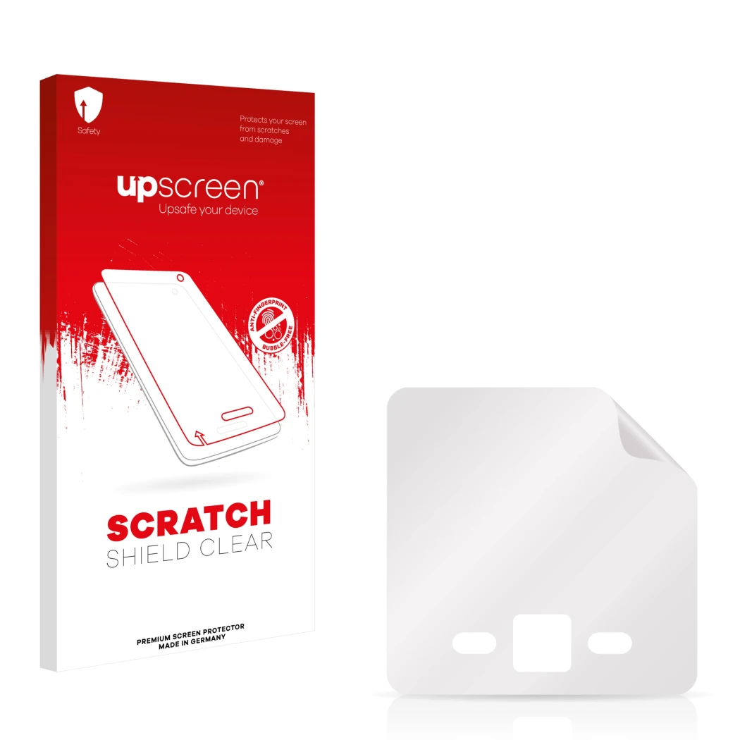 Parte frontal de un envase de producto con el logotipo de la marca upscreen. Al lado está el protector de pantalla correspondi