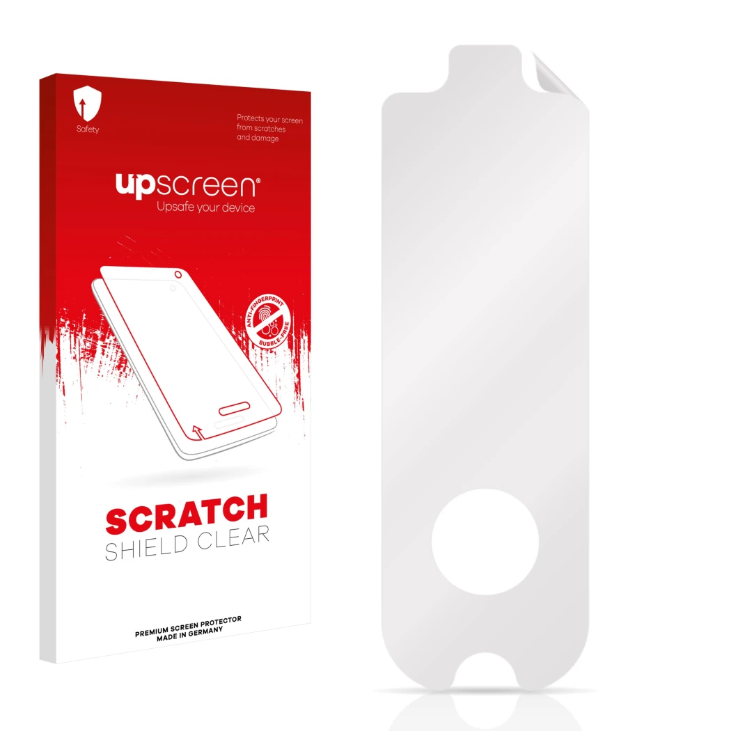Parte frontal de un envase de producto con el logotipo de la marca upscreen. Al lado está el protector de pantalla correspondi