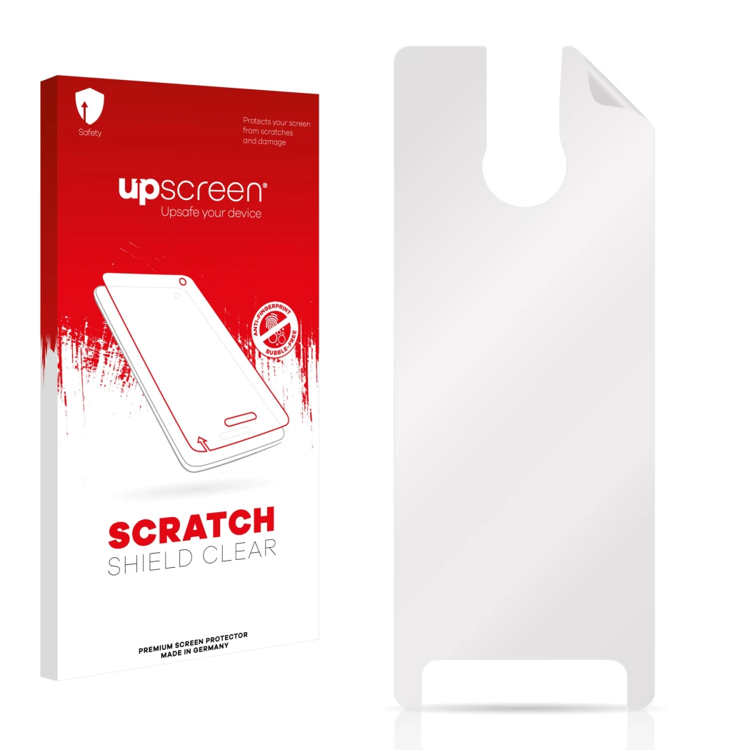 Parte frontal de un envase de producto con el logotipo de la marca upscreen. Al lado está el protector de pantalla correspondi