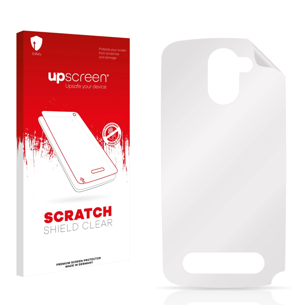 Parte frontal de un envase de producto con el logotipo de la marca upscreen. Al lado está el protector de pantalla correspondi