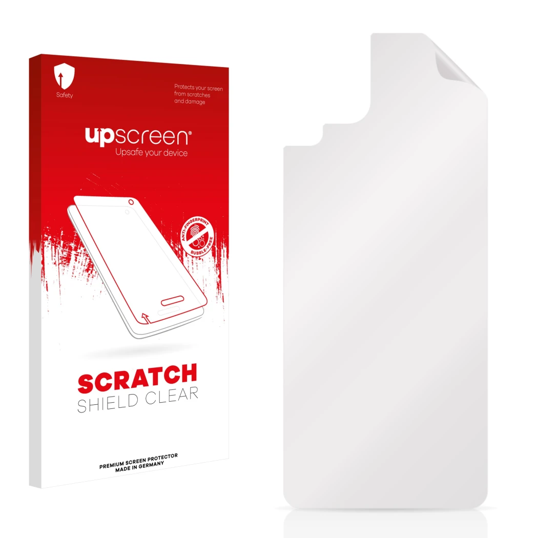 Parte frontal de un envase de producto con el logotipo de la marca upscreen. Al lado está el protector de pantalla correspondi