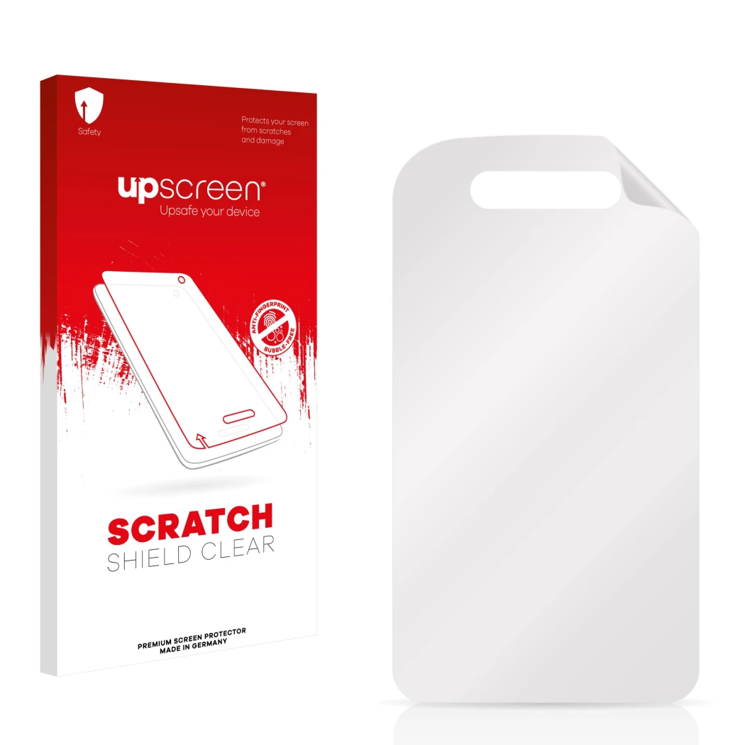 Parte frontal de un envase de producto con el logotipo de la marca upscreen. Al lado está el protector de pantalla correspondi