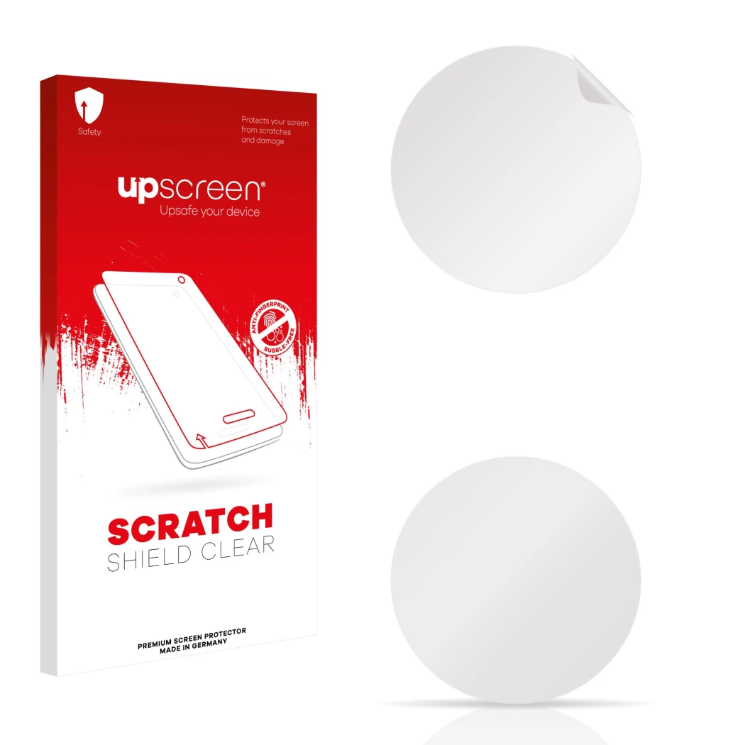 Parte frontal de un envase de producto con el logotipo de la marca upscreen. Al lado está el protector de pantalla correspondi