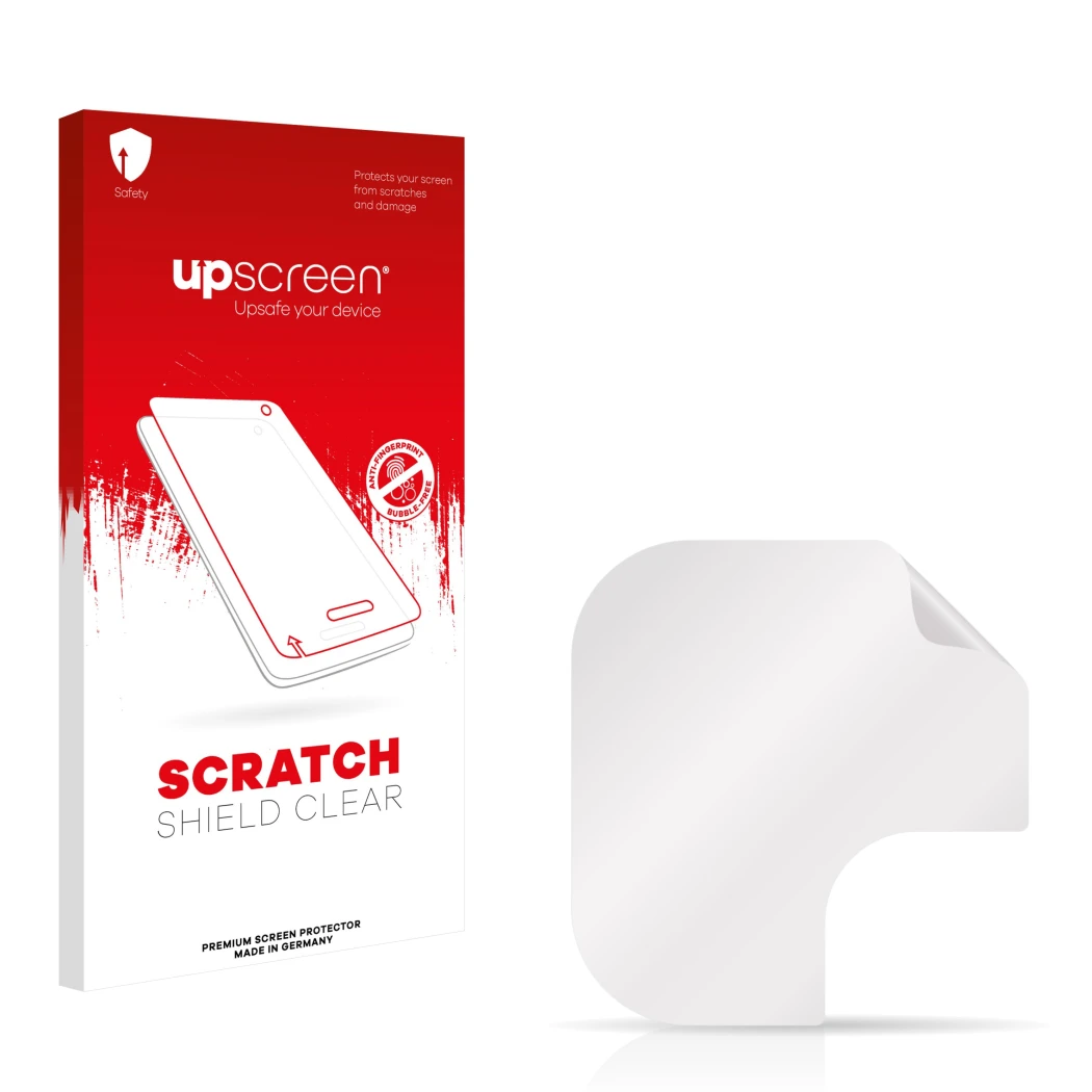 Parte frontal de un envase de producto con el logotipo de la marca upscreen. Al lado está el protector de pantalla correspondi