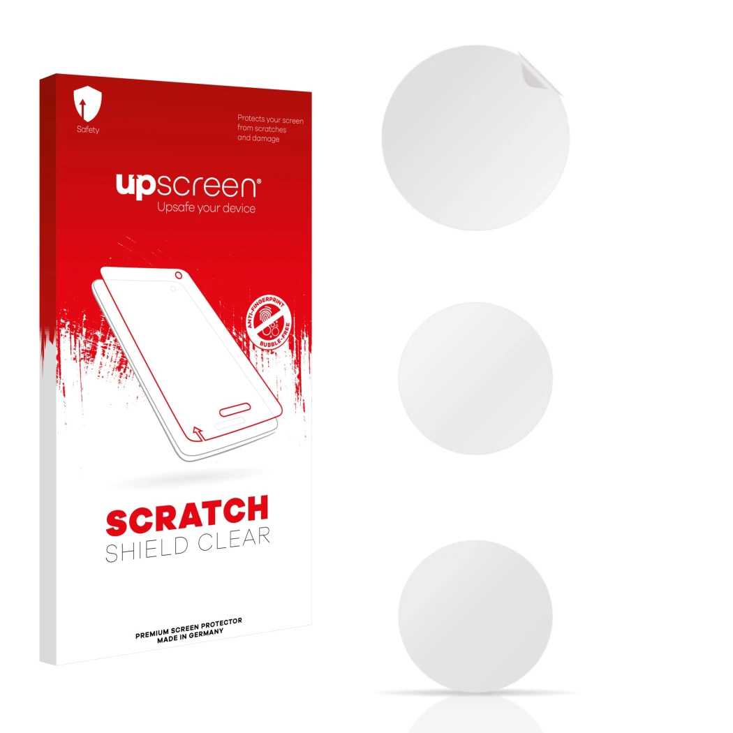 Parte frontal de un envase de producto con el logotipo de la marca upscreen. Al lado está el protector de pantalla correspondi