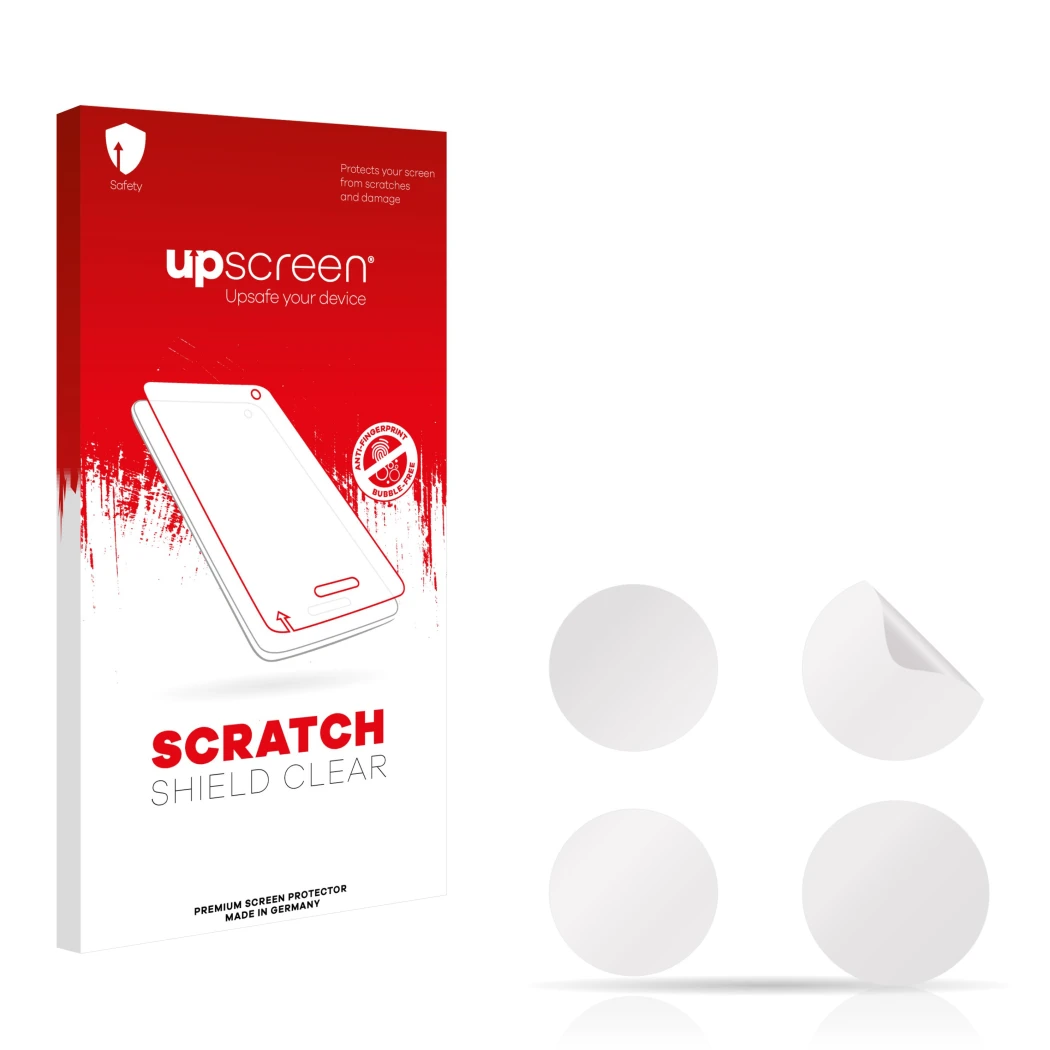 Parte frontal de un envase de producto con el logotipo de la marca upscreen. Al lado está el protector de pantalla correspondi