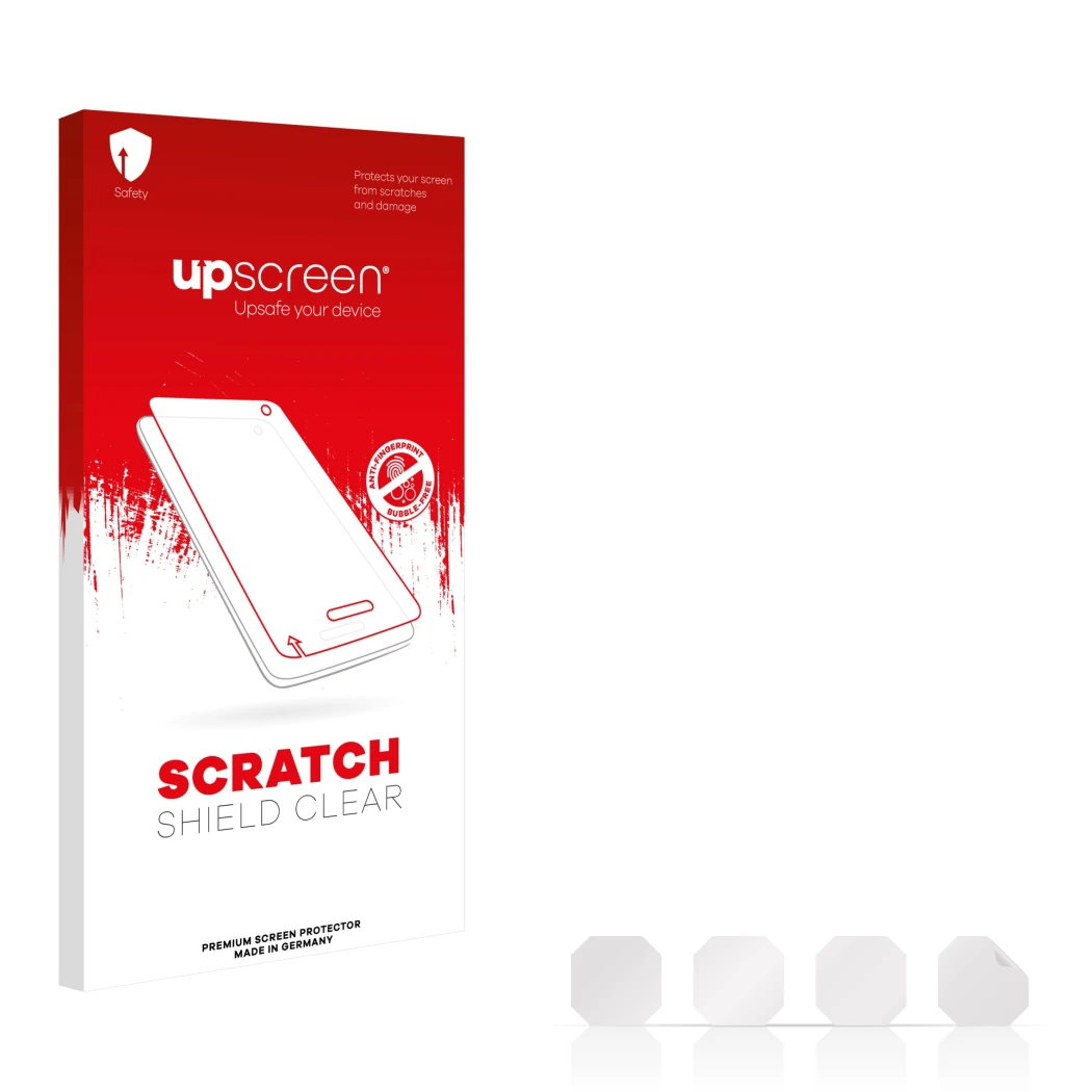 Parte frontal de un envase de producto con el logotipo de la marca upscreen. Al lado está el protector de pantalla correspondi
