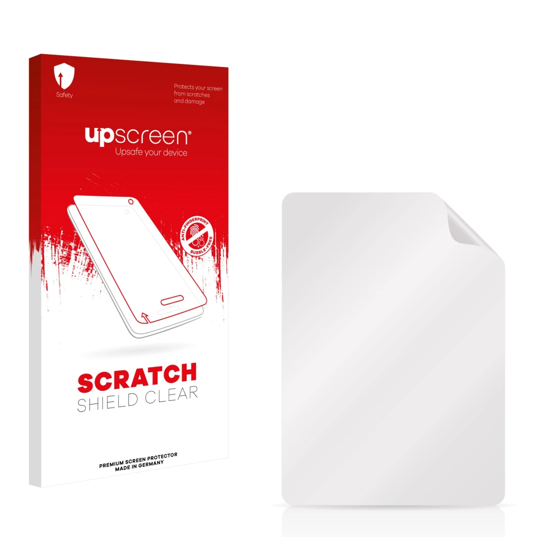 Parte frontal de un envase de producto con el logotipo de la marca upscreen. Al lado está el protector de pantalla correspondi