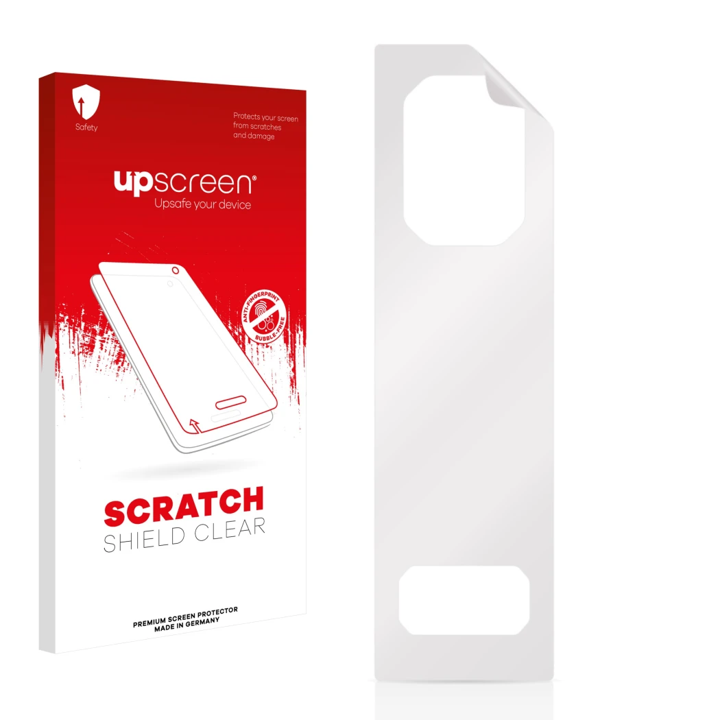 Parte frontal de un envase de producto con el logotipo de la marca upscreen. Al lado está el protector de pantalla correspondi