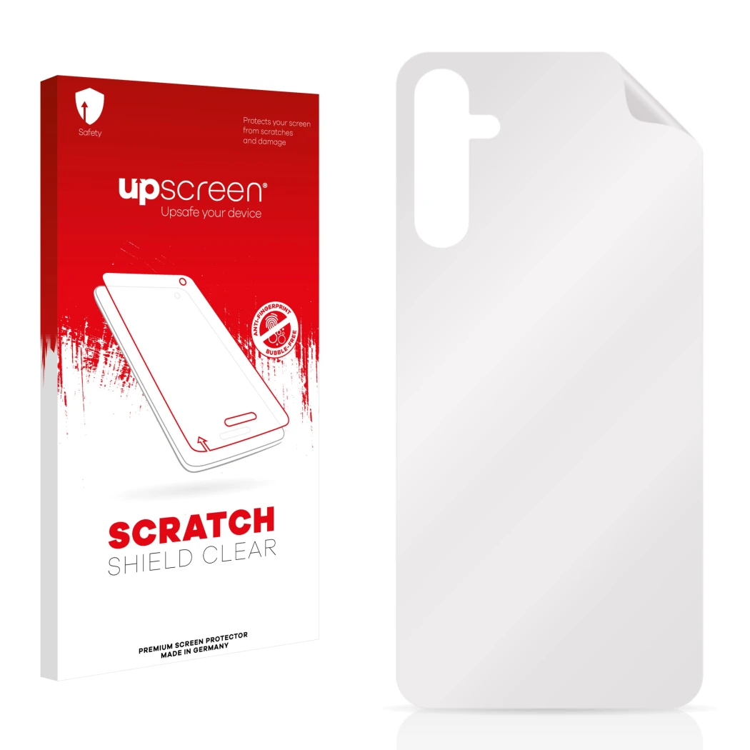 Parte frontal de un envase de producto con el logotipo de la marca upscreen. Al lado está el protector de pantalla correspondi