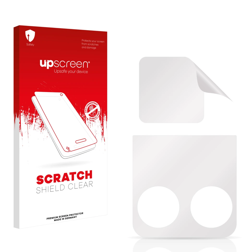 Parte frontal de un envase de producto con el logotipo de la marca upscreen. Al lado está el protector de pantalla correspondi