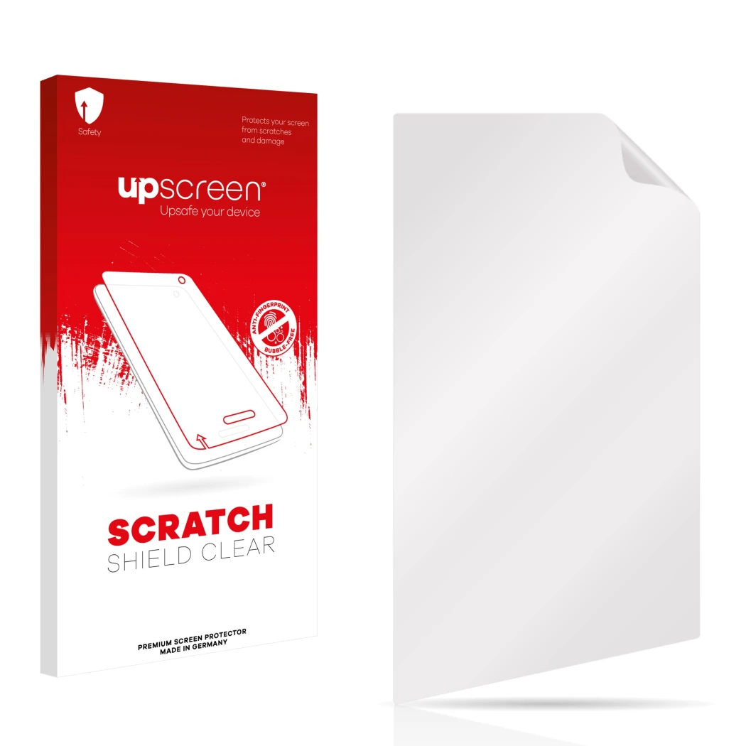 Parte frontal de un envase de producto con el logotipo de la marca upscreen. Al lado está el protector de pantalla correspondi
