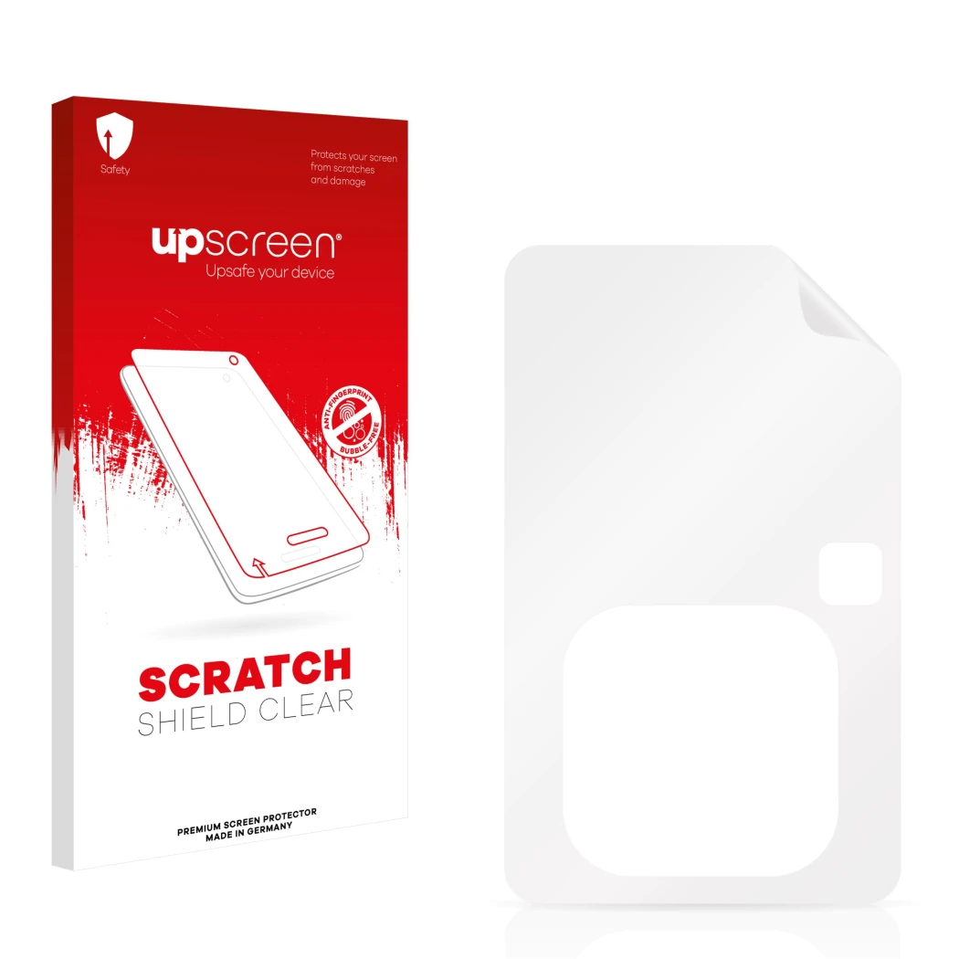 Parte frontal de un envase de producto con el logotipo de la marca upscreen. Al lado está el protector de pantalla correspondi