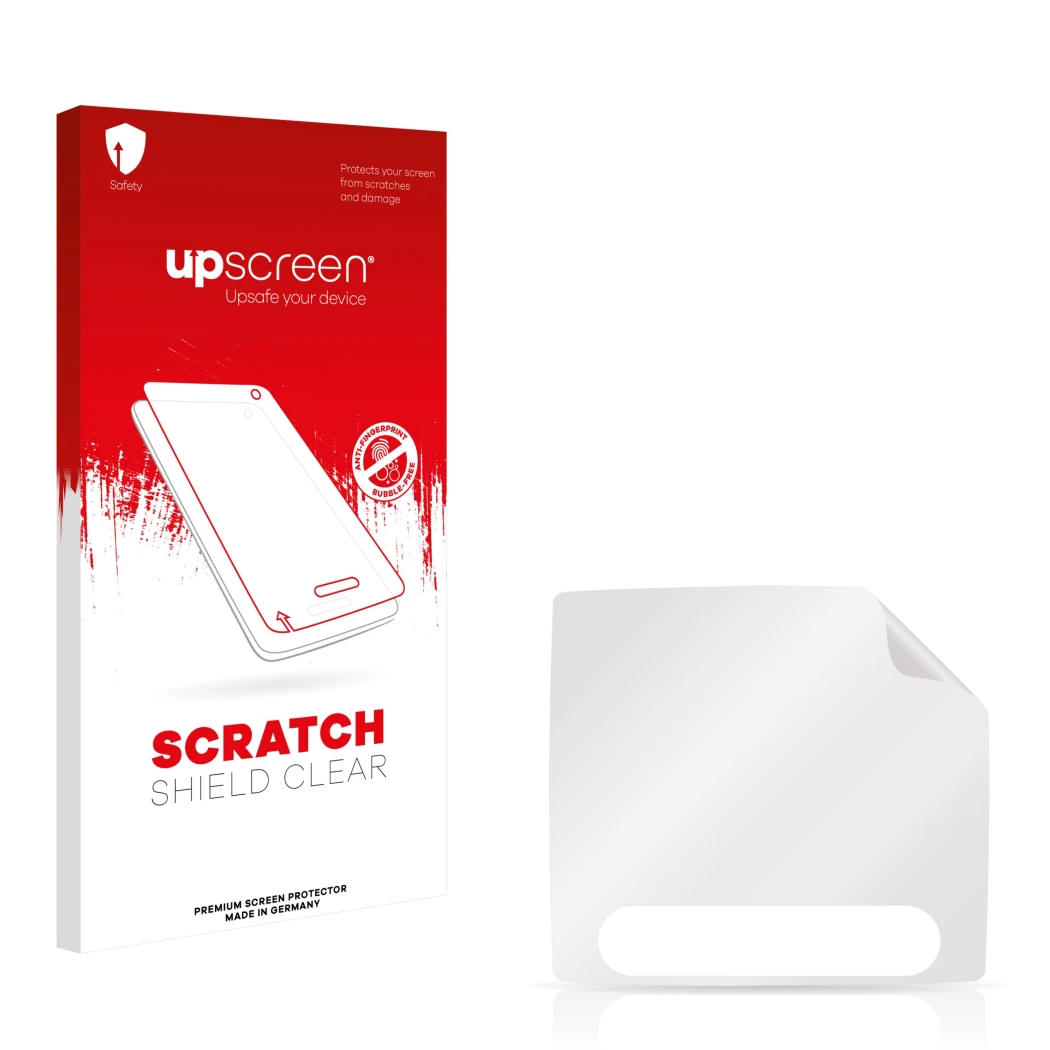 Parte frontal de un envase de producto con el logotipo de la marca upscreen. Al lado está el protector de pantalla correspondi
