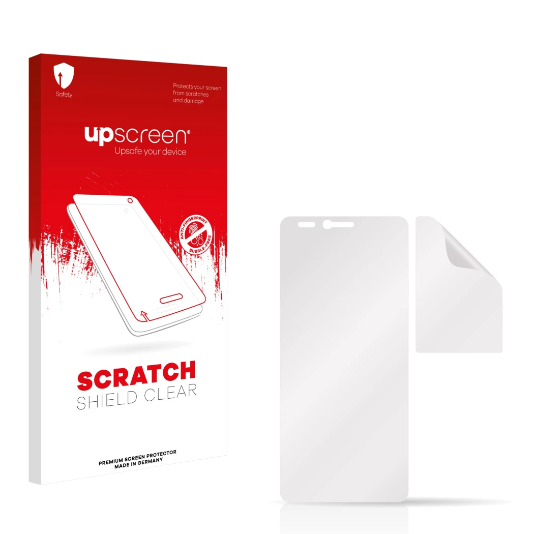 Parte frontal de un envase de producto con el logotipo de la marca upscreen. Al lado está el protector de pantalla correspondi