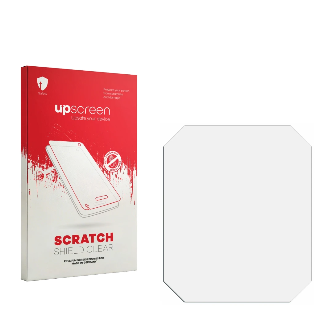 Parte frontal de un envase de producto con el logotipo de la marca upscreen. Al lado está el protector de pantalla correspondi