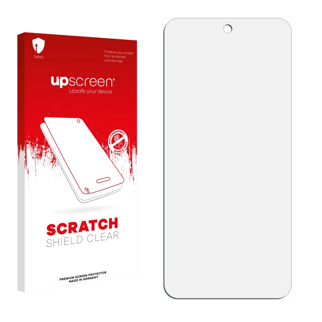 Parte frontal de un envase de producto con el logotipo de la marca upscreen. Al lado está el protector de pantalla correspondi