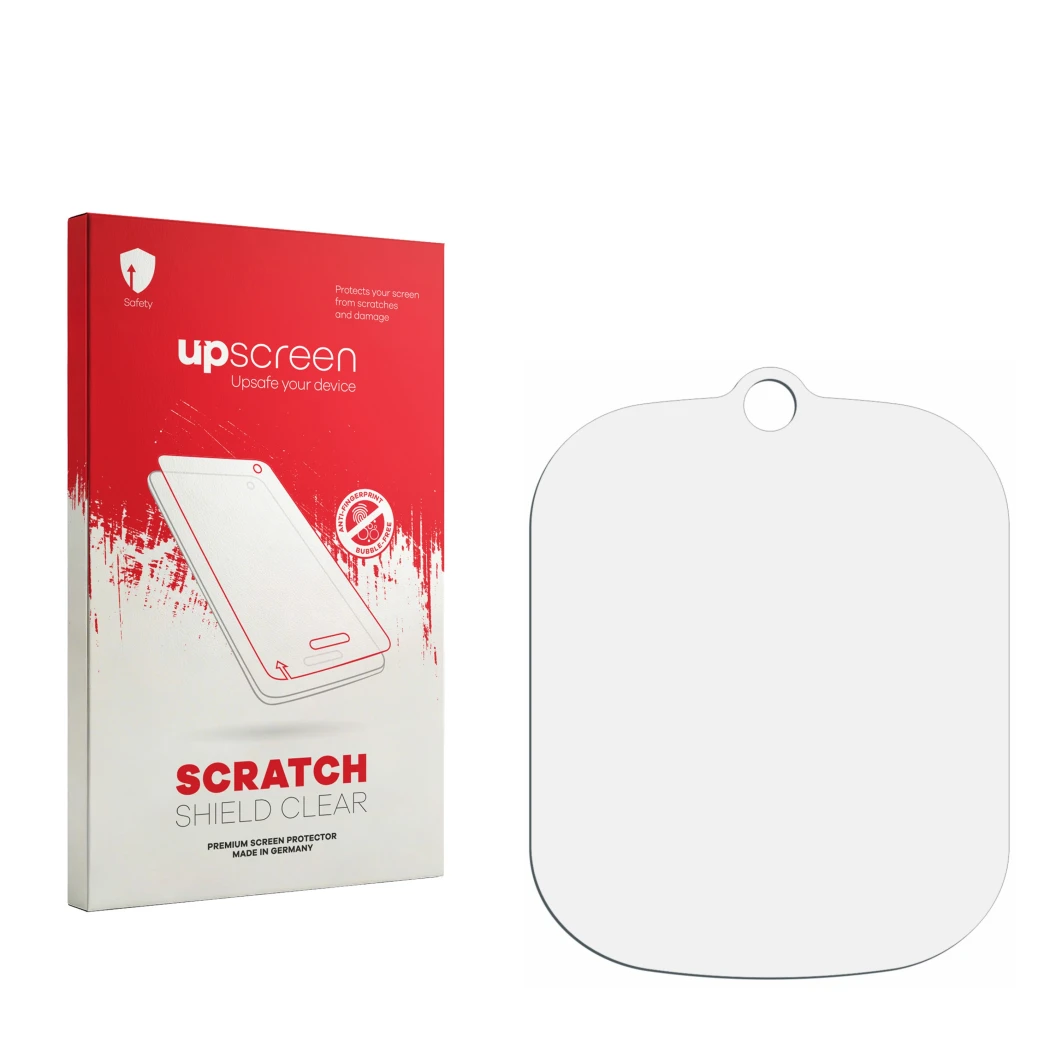 Parte frontal de un envase de producto con el logotipo de la marca upscreen. Al lado está el protector de pantalla correspondi