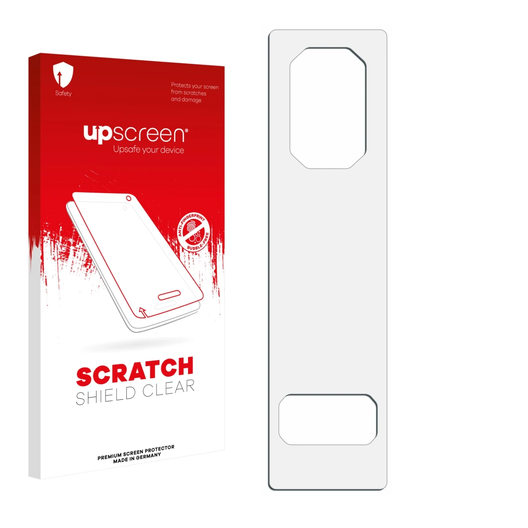 Parte frontal de un envase de producto con el logotipo de la marca upscreen. Al lado está el protector de pantalla correspondi