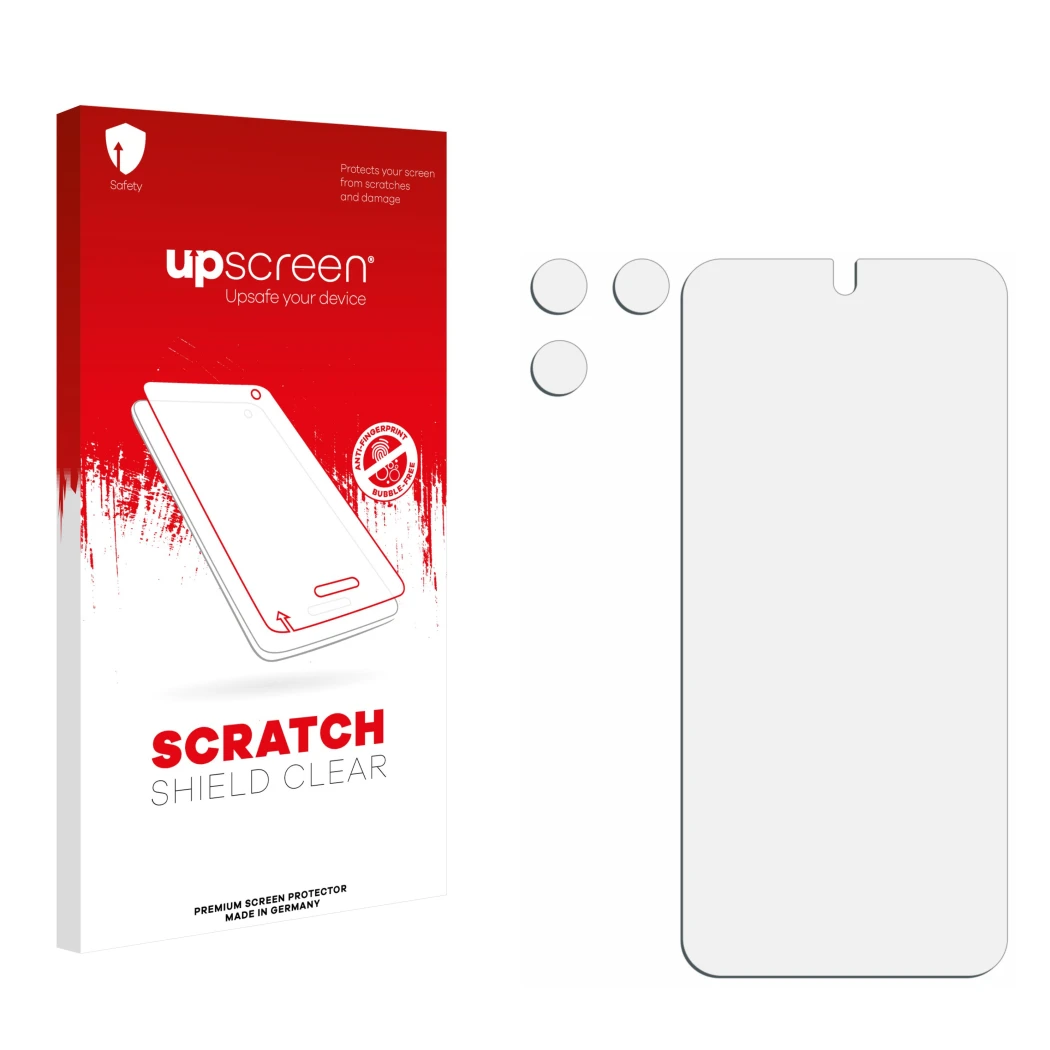 Parte frontal de un envase de producto con el logotipo de la marca upscreen. Al lado está el protector de pantalla correspondi