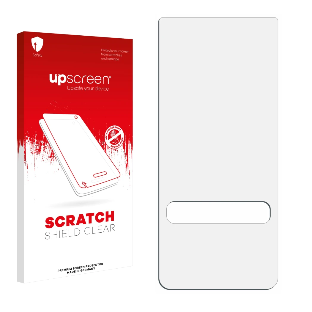 Parte frontal de un envase de producto con el logotipo de la marca upscreen. Al lado está el protector de pantalla correspondi