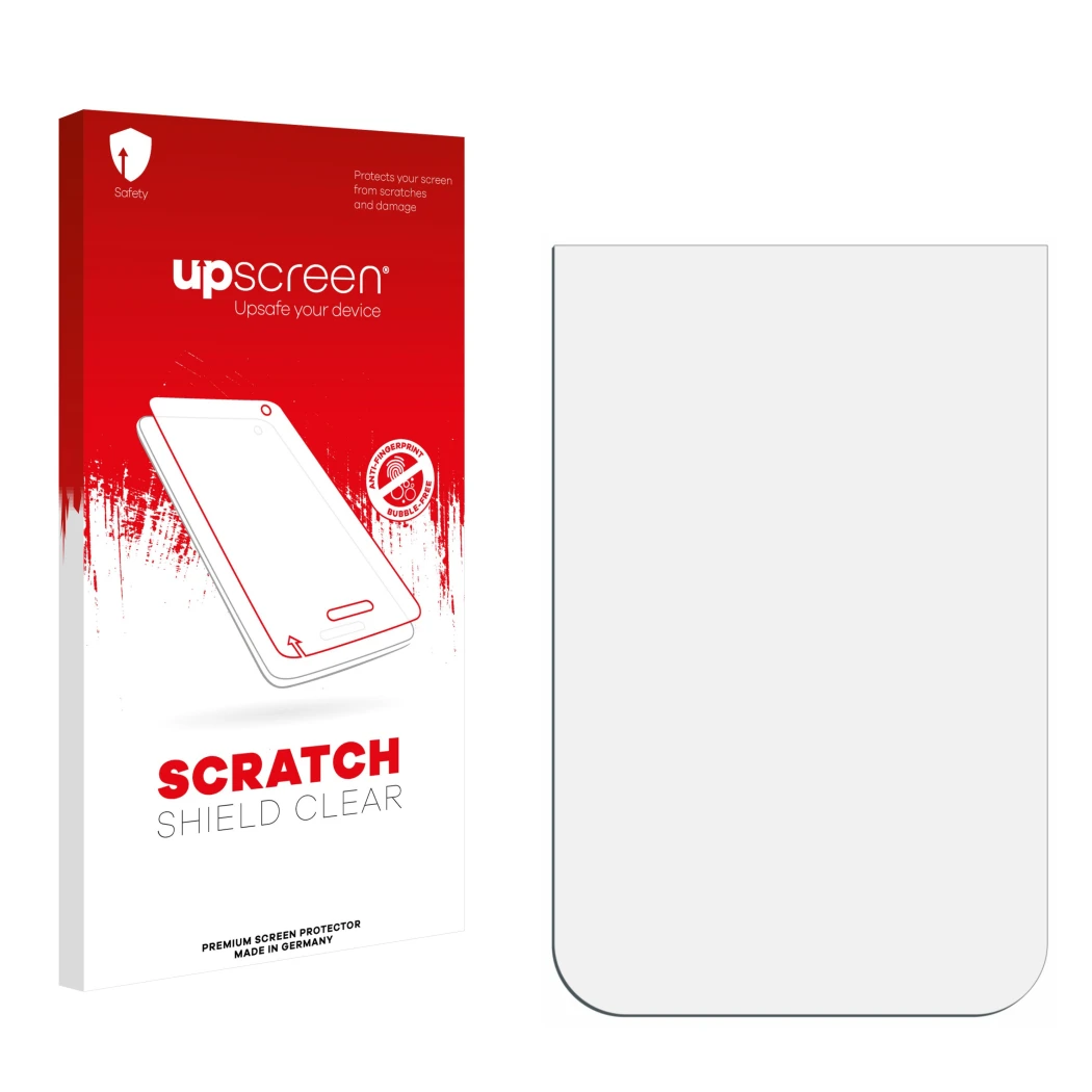 Parte frontal de un envase de producto con el logotipo de la marca upscreen. Al lado está el protector de pantalla correspondi