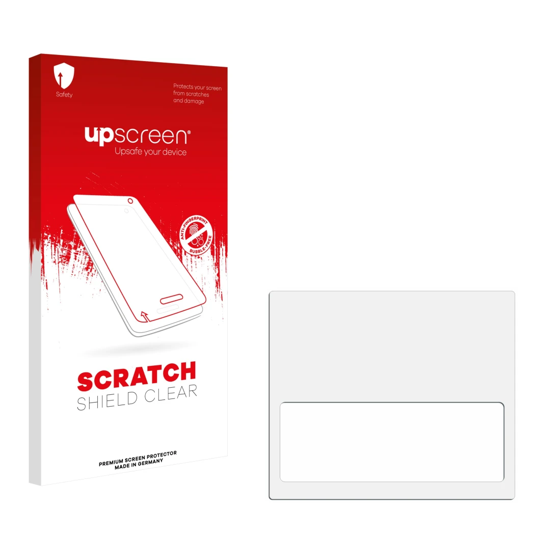Parte frontal de un envase de producto con el logotipo de la marca upscreen. Al lado está el protector de pantalla correspondi