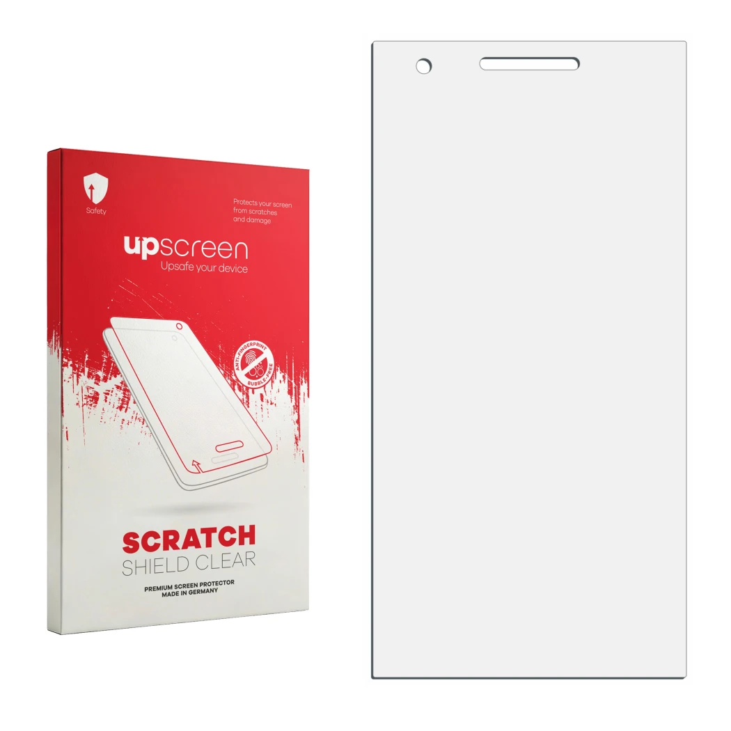 Parte frontal de un envase de producto con el logotipo de la marca upscreen. Al lado está el protector de pantalla correspondi