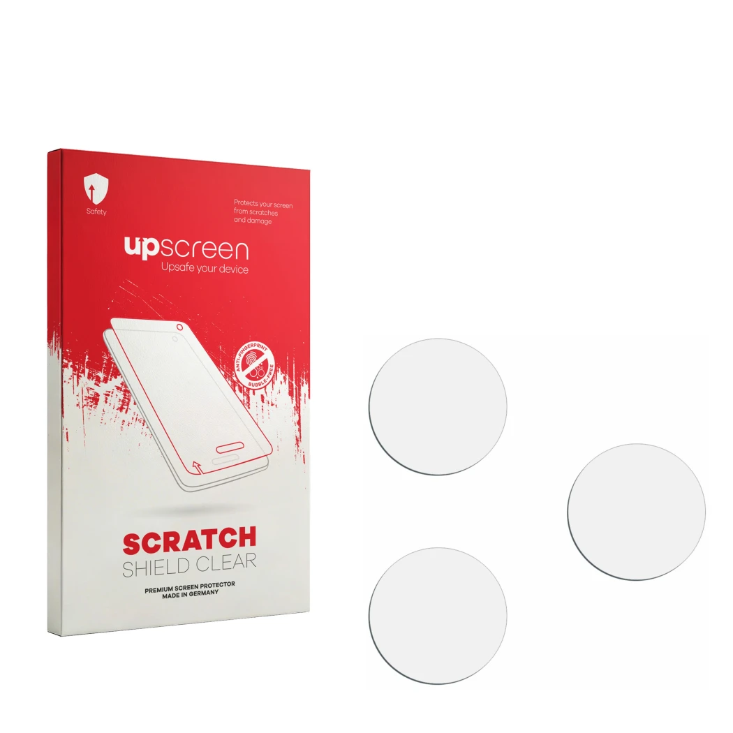 Parte frontal de un envase de producto con el logotipo de la marca upscreen. Al lado está el protector de pantalla correspondi