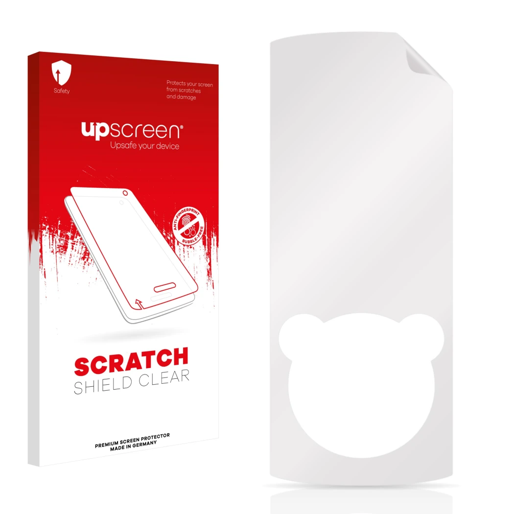 Parte frontal de un envase de producto con el logotipo de la marca upscreen. Al lado está el protector de pantalla correspondi