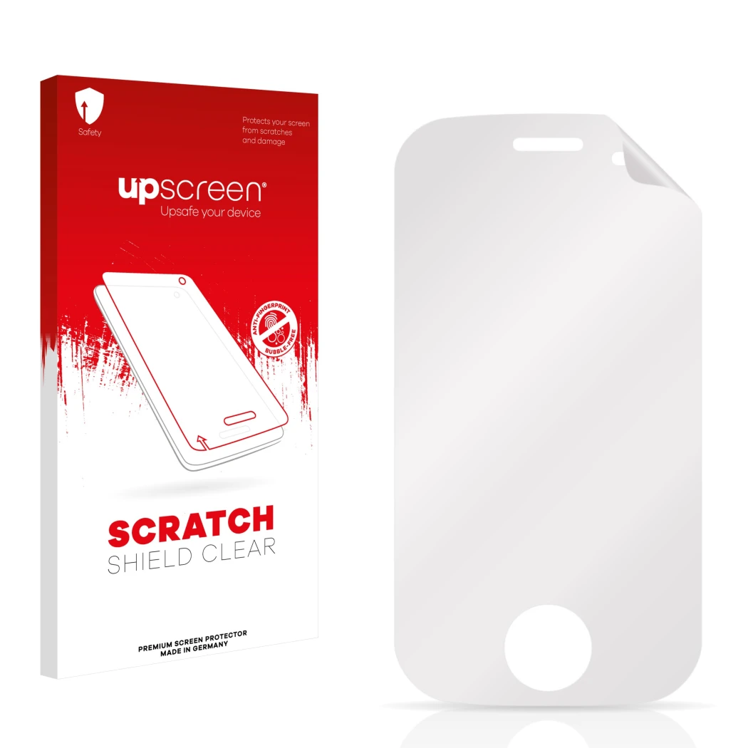 Parte frontal de un envase de producto con el logotipo de la marca upscreen. Al lado está el protector de pantalla correspondi