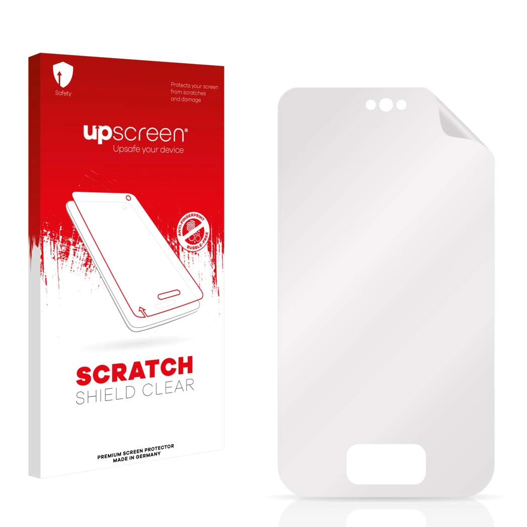 Parte frontal de un envase de producto con el logotipo de la marca upscreen. Al lado está el protector de pantalla correspondi