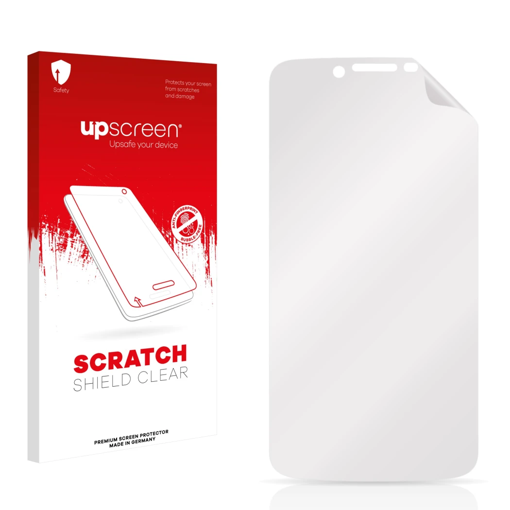 Parte frontal de un envase de producto con el logotipo de la marca upscreen. Al lado está el protector de pantalla correspondi