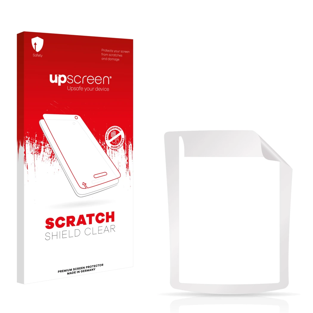 Parte frontal de un envase de producto con el logotipo de la marca upscreen. Al lado está el protector de pantalla correspondi
