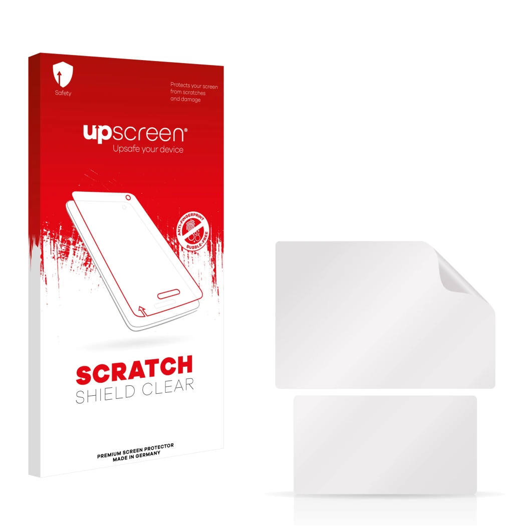 Parte frontal de un envase de producto con el logotipo de la marca upscreen. Al lado está el protector de pantalla correspondi