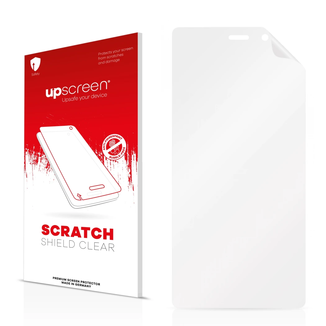Parte frontal de un envase de producto con el logotipo de la marca upscreen. Al lado está el protector de pantalla correspondi