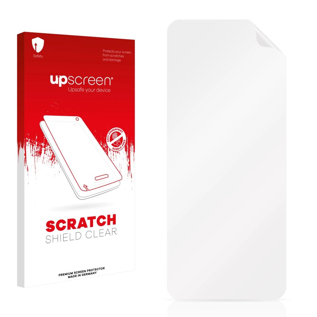 Parte frontal de un envase de producto con el logotipo de la marca upscreen. Al lado está el protector de pantalla correspondi