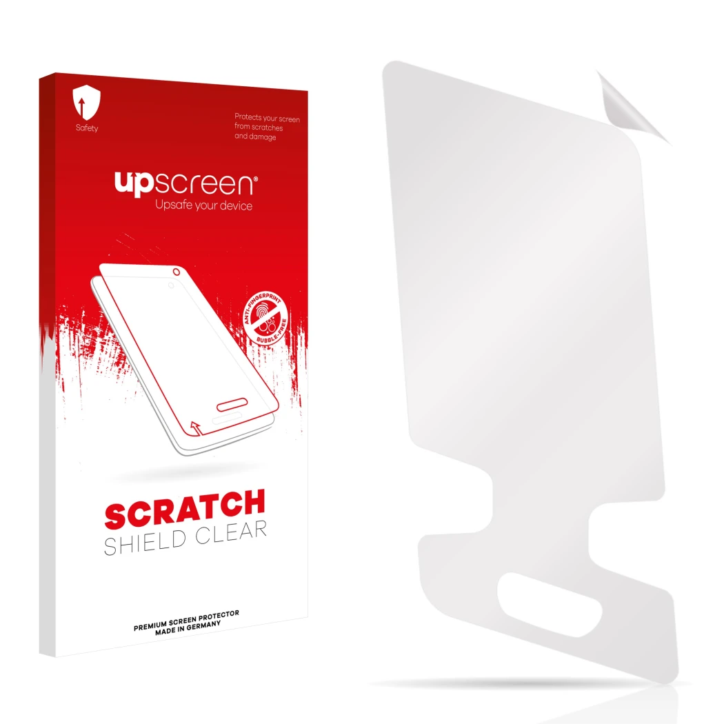 Parte frontal de un envase de producto con el logotipo de la marca upscreen. Al lado está el protector de pantalla correspondi