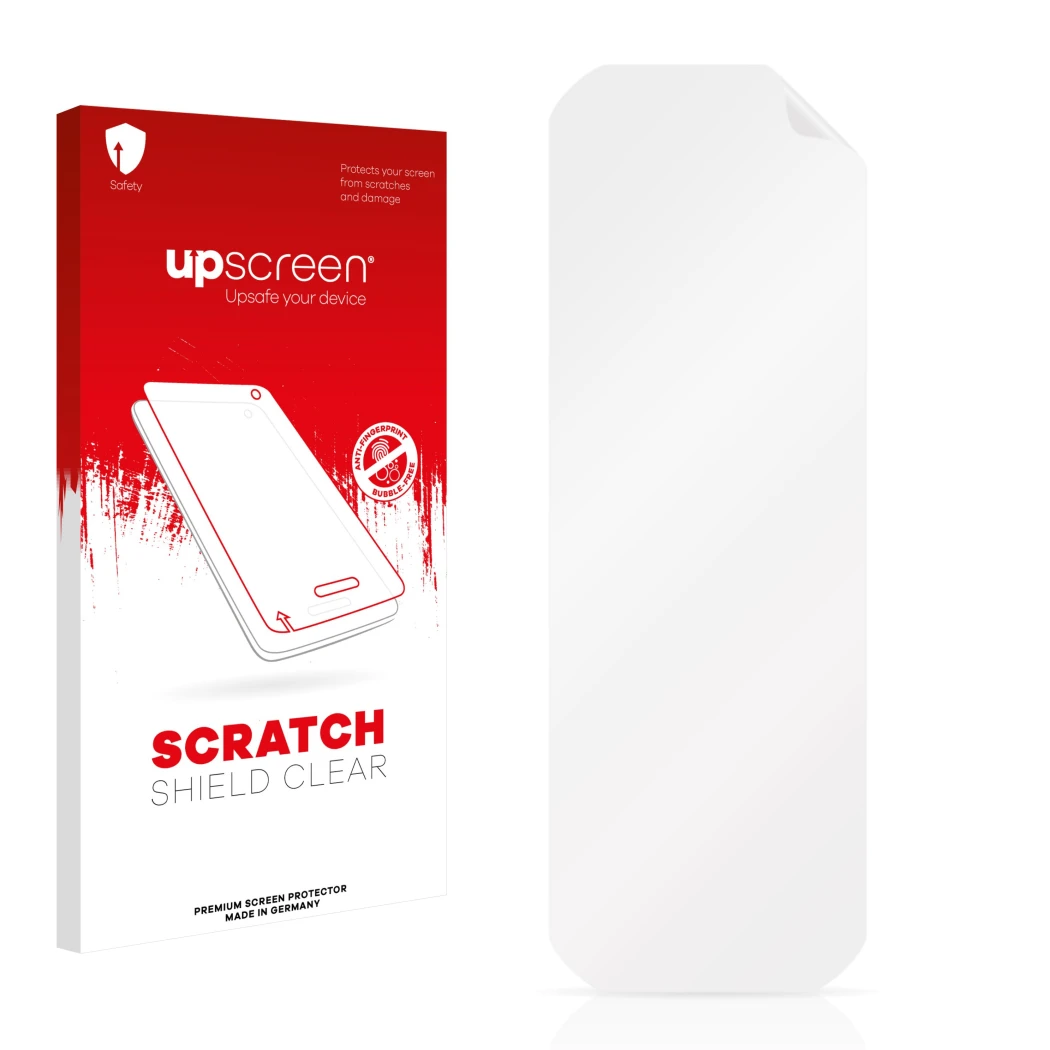 Parte frontal de un envase de producto con el logotipo de la marca upscreen. Al lado está el protector de pantalla correspondi