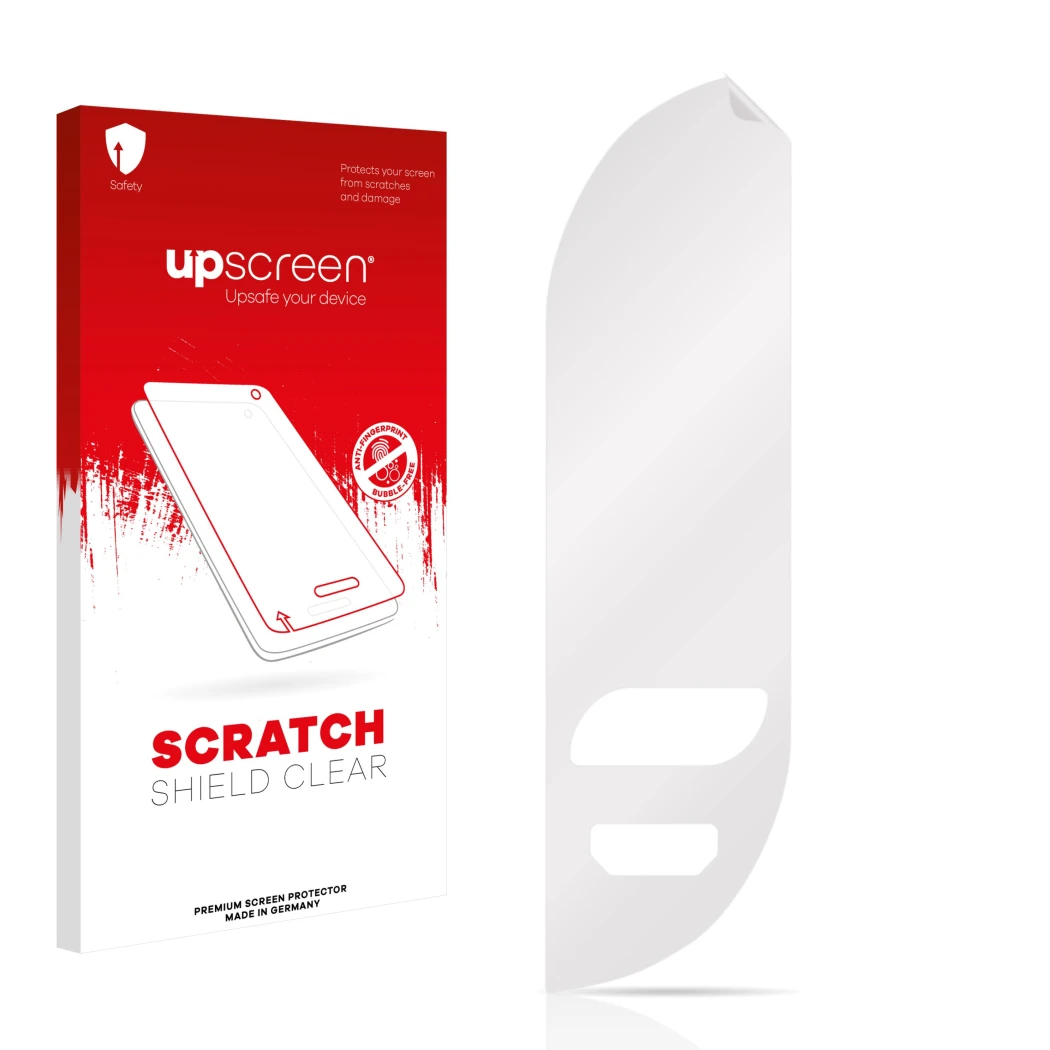 Parte frontal de un envase de producto con el logotipo de la marca upscreen. Al lado está el protector de pantalla correspondi