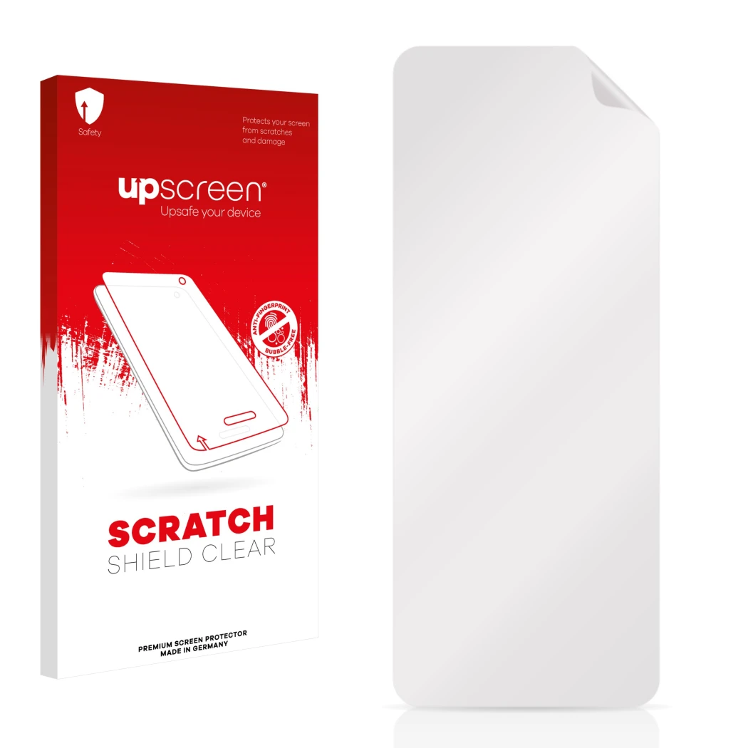 Parte frontal de un envase de producto con el logotipo de la marca upscreen. Al lado está el protector de pantalla correspondi