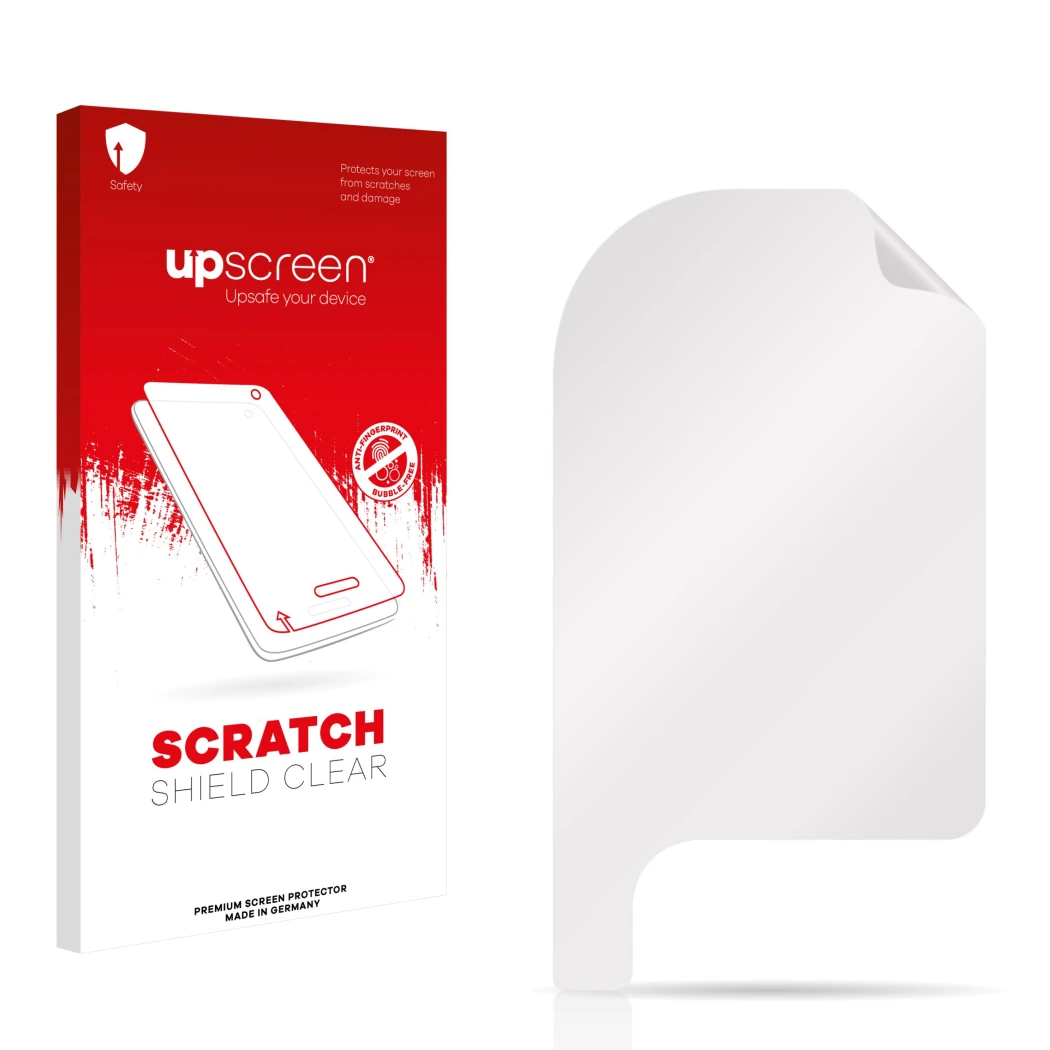 Parte frontal de un envase de producto con el logotipo de la marca upscreen. Al lado está el protector de pantalla correspondi