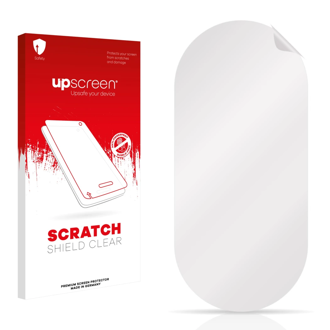 Parte frontal de un envase de producto con el logotipo de la marca upscreen. Al lado está el protector de pantalla correspondi