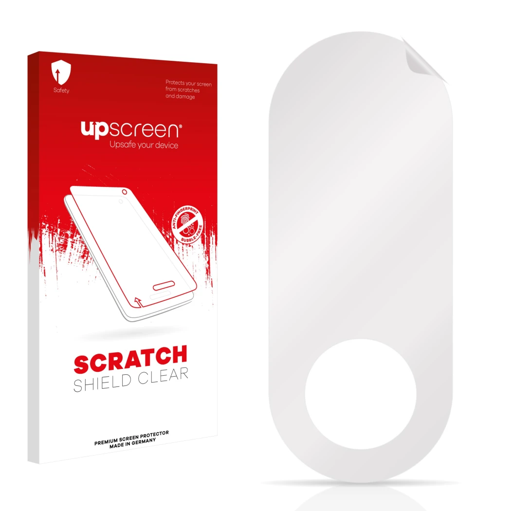 Parte frontal de un envase de producto con el logotipo de la marca upscreen. Al lado está el protector de pantalla correspondi